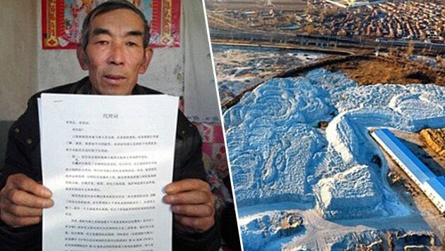 Wang ist stolz auf das Ersturteil; im Bild rechts eine Luftaufnahme vom verunreinigten Land (Bild: People's Daily Online)