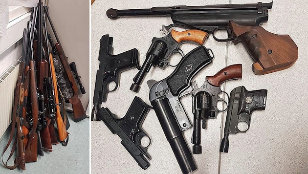 Etliche Gewehre und Pistolen wurden in der Wohnung des 74-Jährigen entdeckt. (Bild: BPD Wien)