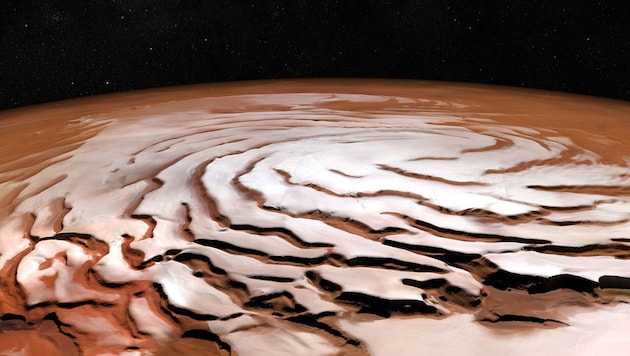 Die an einen Schokopudding erinnernde eisige Spirale am Mars-Nordpol (Bild: ESA/DLR/FU Berlin, NASA MGS MOLA Science Team)