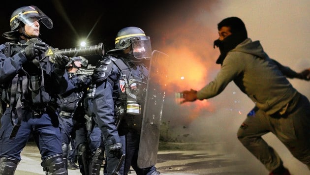 Zusammenstöße zwischen Polizei und Migranten im französischen Flüchtlingslager Calais (Bild: EPA/ETIENNE LAURENT, AP/Emilio Morenatti)
