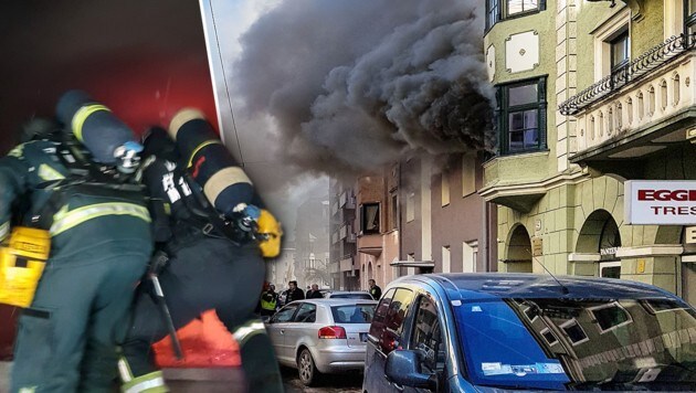Dichter Rauch drang straßenseitig aus dem Gebäude in Innsbruck. (Bild: zeitungsfoto.at)