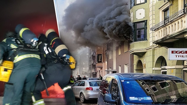 Dichter Rauch drang straßenseitig aus dem Gebäude in Innsbruck. (Bild: zeitungsfoto.at)