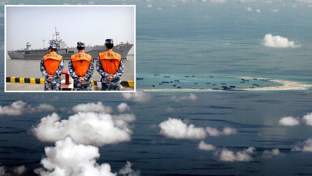 Von China aufgeschüttete Inseln im Südchinesischen Meer; chinesische Küstenwache (kl. Bild) (Bild: AP)