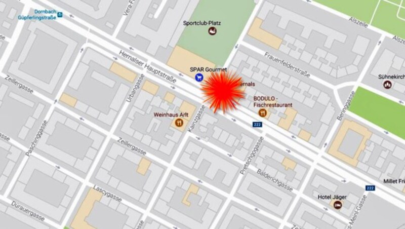 Die Explosion ereignete sich im Bereich der Hernalser Hauptstraße bei der Ecke zur Kainzgasse. (Bild: Googlemaps.com, krone.at-Grafik)