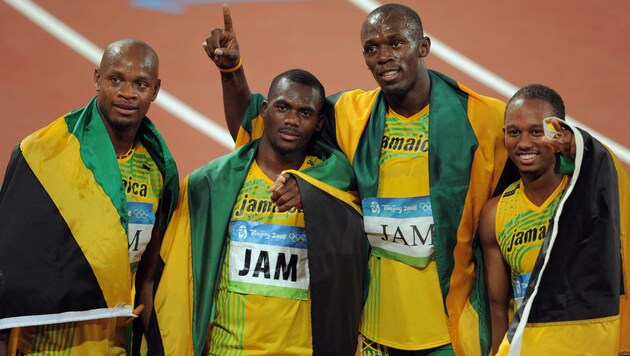 Asafa Powell, Nesta Carter, Usain Bolt und Michael Frater bei den Olympischen Spielen in Peking 2008 (Bild: GEPA)
