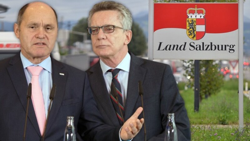 Innenminister Wolfgang Sobotka und sein deutscher Amtskollege Thomas de Maiziere (Bild: APA/BARBARA GINDL, APA/dpa/Soeren Stache)