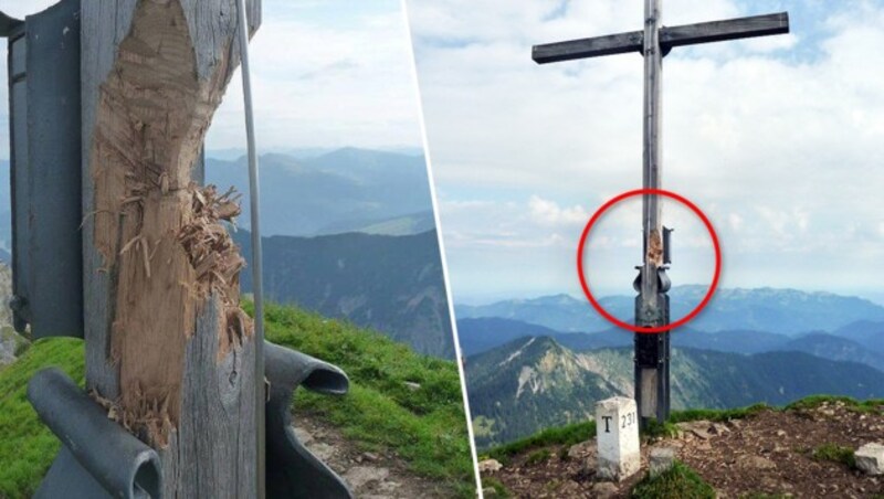 Das alte Kreuz am Schafreuter nach einer Hack-Attacke (Bild: PI Bad Tölz)