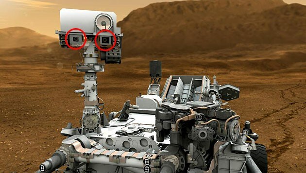 Die MastCam von "Curiosity" (rechte und linke Kamera rot markiert) (Bild: NASA/JPL-Caltech)