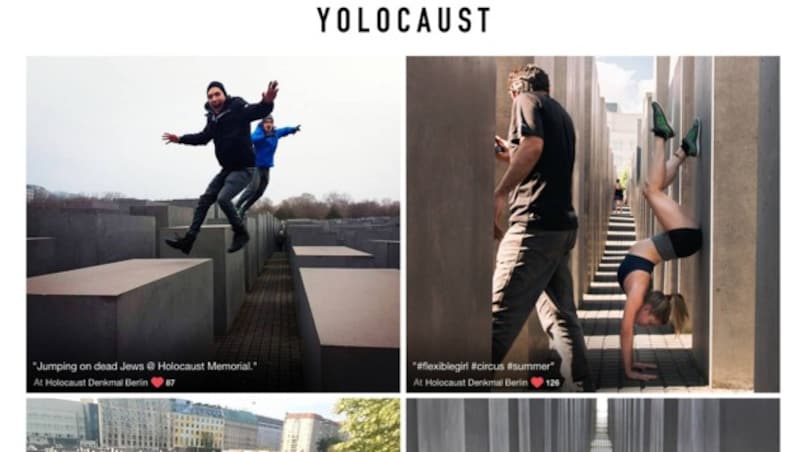 Shapira hält fröhlichen Touristen am Holocaust-Denkmal den Spiegel vor. (Bild: yolocaust.de)