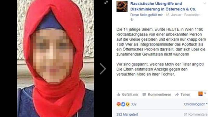 Via Facebook wurde die Geschichte der 14-Jährigen hundertfach geteilt. (Bild: Facebook.com/Rassistische Übergriffe (...))