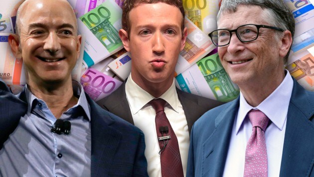 Drei der acht reichsten Menschen: Jeff Bezos, Mark Zuckerberg und Bill Gates (Bild: thinkstockphotos.de, AFP/Rodrigo Buenda, AP)