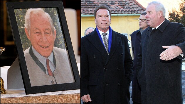 Arnold Schwarzenegger und Hermann Schützenhöfer beim Begräbnis von Josef Krainer (Bild: Christian Jauschowetz)