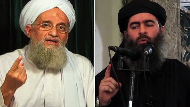 Al-Kaida-Anführer Ayman al-Zawahiri (li.) wettert gegen IS-Chef Abu Bakr al-Baghdadi (re.). (Bild: AFP, AP)