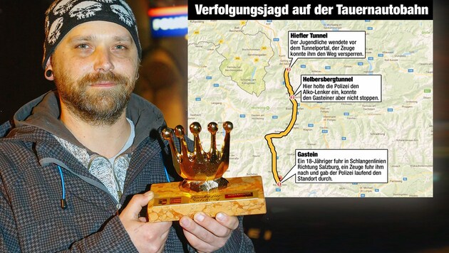 Helmut Hohenwallner (37) ging den Polizisten zur Hand. (Bild: Gerhard Schiel, "Krone"-Grafik)