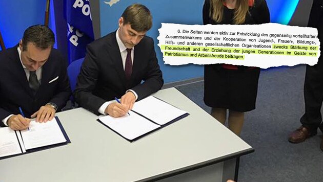 FPÖ-Chef Heinz-Christian Strache (links) unterzeichnete stolz den Pakt mit der Kreml-Partei. (Bild: Kronen Zeitung)