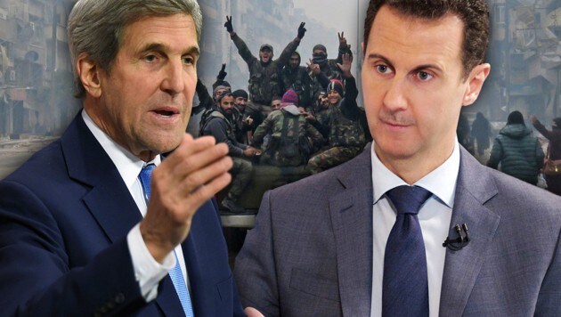 Kerry (li.) und Assad (Bild: APA/AFP/STRINGER, AFP/HO/SANA, AFP/JOHN THYS)