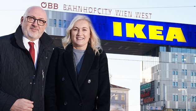 Andreas Matthä (ÖBB) und Viera Juzova (Ikea) wollen das Westbahnhof-Areal positiv beleben. (Bild: dpa/Simone Neumann, ÖBB)