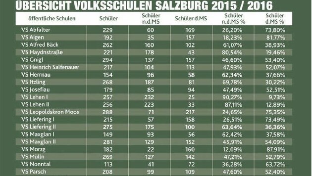 Gesamt gibt es in Salzburg 4941 Volksschüler (2529 Schüler n.D.MS/2412 Schüler d.MS) (Bild: Krone Grafik)