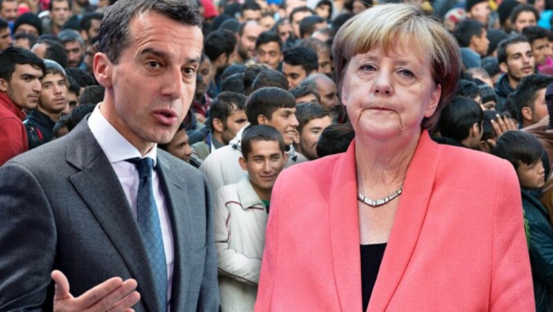 Bundeskanzler Christian Kern, Deutschlands Kanzlerin Angela Merkel (Bild: AFP/JOHN MACDOUGALL, dpa/Sebastian Kahnert)