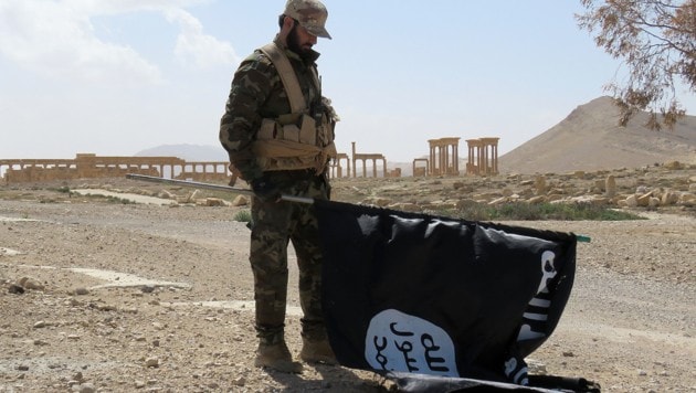 Ein syrischer Soldat mit einer erbeuteten IS-Flagge vor den Ruinen Palmyras (Bild: APA/AFP/STR)