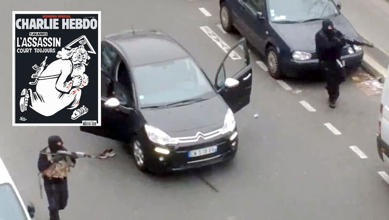 Der Anschlag auf „Charlie Hebdo“ war ein islamistisch motivierter Terroranschlag in Paris, der am 7. Jänner 2015 verübt wurde. (Bild: APA/AFP/CHARLIE HEBDO, APA/JORDI MIR)