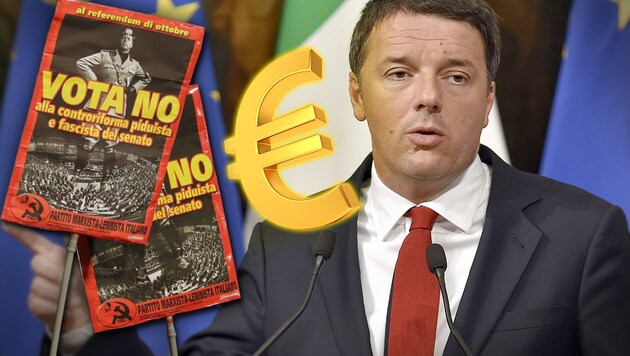 Demo-Plakat mit Matteo Renzi in Mussolini-Pose: Dem Premier wird Hochmut vorgeworfen. (Bild: AP, APA/AFP/ANDREAS SOLARO, thinkstockphotos.de)