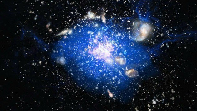 Künstlerische Darstellung der Gaswolke (blau) um die Spinnennetz-Galaxie (Bild: ESO/M. Kornmesser)