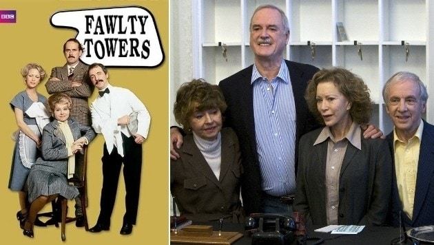 Die "Fawlty Towers"-Stars Prunella Scales, John Cleese, Connie Booth und Andrew Sachs (Bild: BBC, Associated Press)