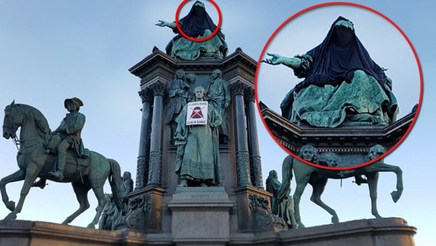 Die verhüllte Statue der Kaiserin Maria Theresia (Bild: "Krone"-Leserreporter)