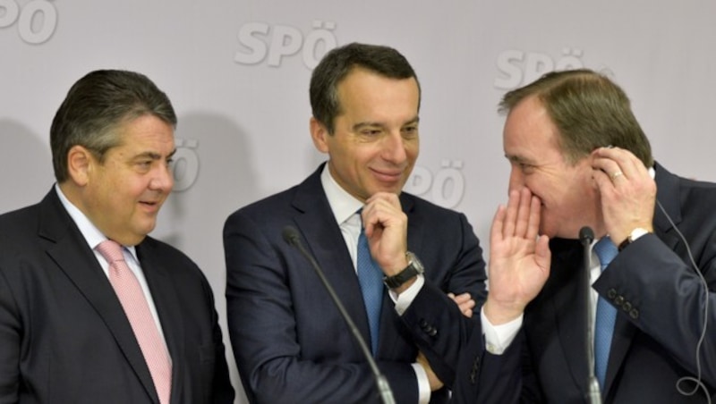 Gabriel, Kern, Löfven (Bild: APA/HERBERT NEUBAUER)