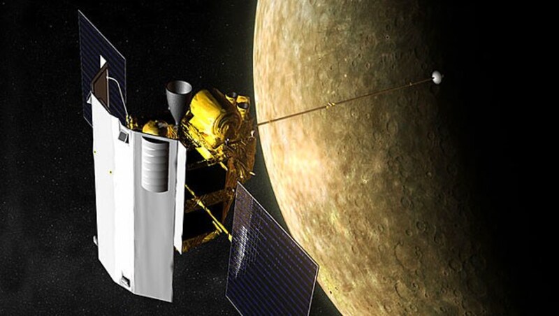 Die MESSENGER-Sonde auf ihrem Orbit um Merkur (Bild: NASA/JHU Applied Physics Lab)
