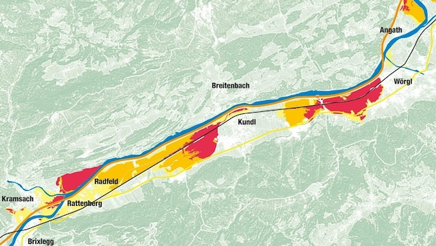 Die Zonen am Inn mit roten, rot-gelben und besonders gefährdeten roten Flächen. (Bild: Land Tirol)