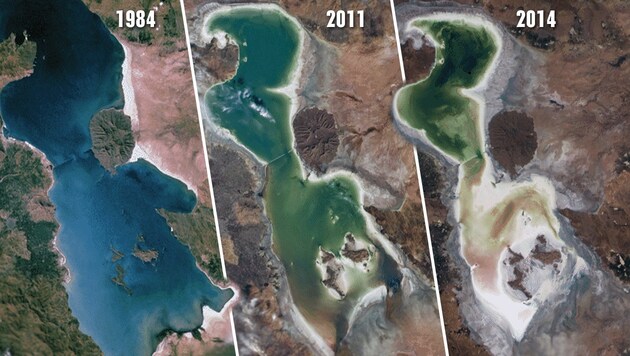 Satellitenaufnahmen zeigen, wie der See von 1984 bis 2014 geschrumpft ist. (Bild: NASA (Public Domain))