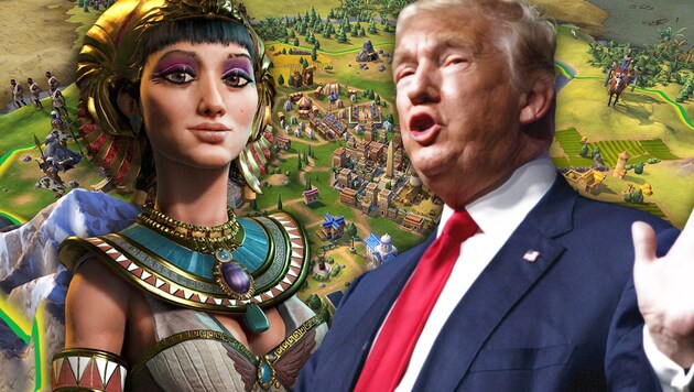 Kleopatra (links) ist eine der Anführerinnen bei "Civilization VI", Donald Trump (noch) nicht (Bild: 2k, AP/Evan Vucci)