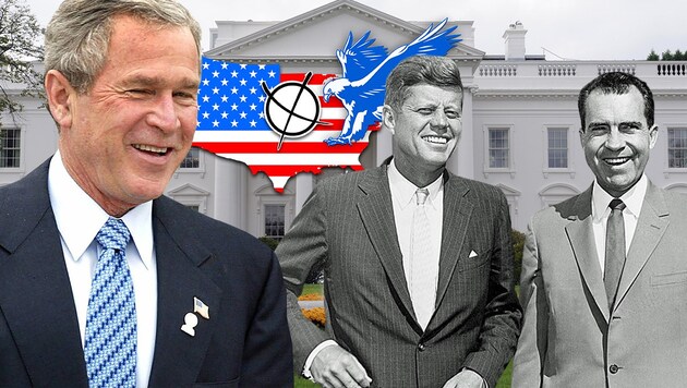 George W. Bush (li.) siegte im Jahr 2000, 1960 duellierten sich John F. Kennedy und Richard Nixon. (Bild: AFP/LUIS ACOSTA, kennedy.org, dpa/Rainer Jensen)