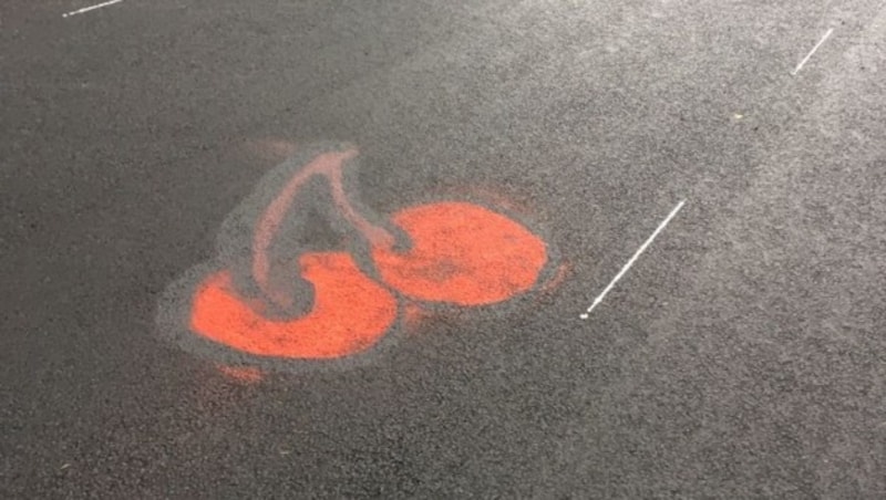 Auch ein Kirsch-Symbol wurde auf die Fahrbahn gesprüht. (Bild: Asfinag)