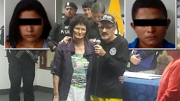 Der Salzburger konnte seine Frau wieder in die Arme schließen; zwei der Verdächtigen (kleine Bilder) (Bild: Policia Ecuador)