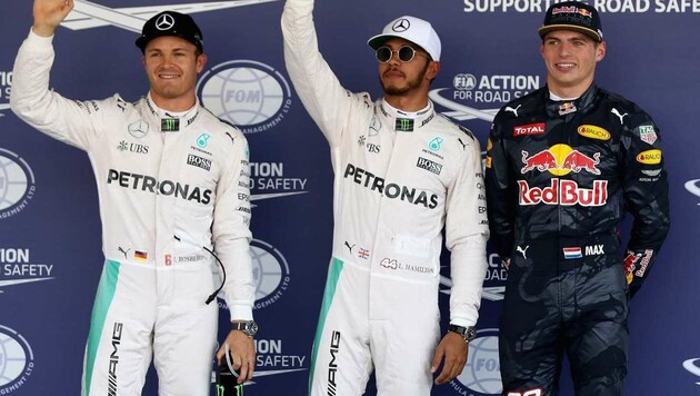 Nico Rosberg, Lewis Hamilton und Max Verstappen (Bild: APA/AFP/GETTY IMAGES/Mark Thompson)