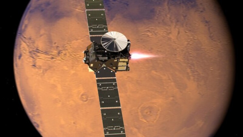 Illustration: Der "Trace Gas Orbiter" im Orbit um den Mars (Bild: ESA/ATG medialab)