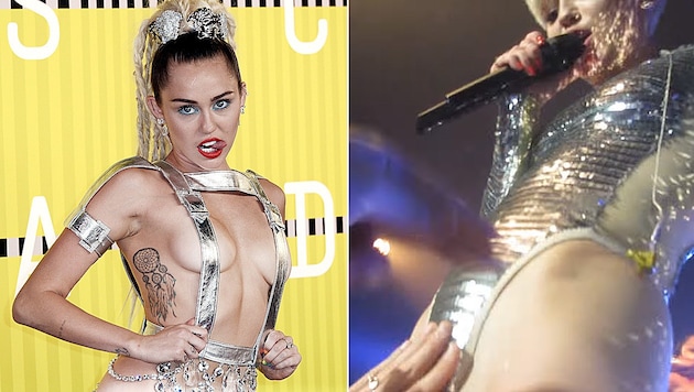 Miley Cyrus ließ sich von Fans im Schritt begrapschen. (Bild: EPA, YouTube.com)