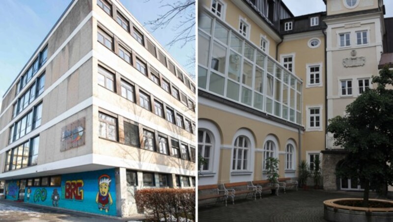 Im BRG Akademiestraße (li.) und im Herz-Jesu-Gymnasium lagen Uranstein-Proben. (Bild: Markus Tschepp)