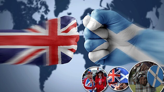So schauen „zeitgetreue“ Ankündigungen für ein Duell zwischen England und Schottland aus. (Bild: thinkstockphotos.de, AP, APA/EPA/ANDY RAIN,)