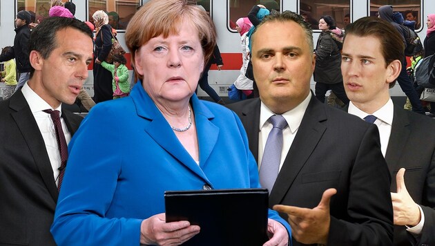 Kanzler Kern und die Minister Doskozil und Kurz übten zuletzt mitunter heftige Kritik an Merkel. (Bild: APA, APA/AFP)