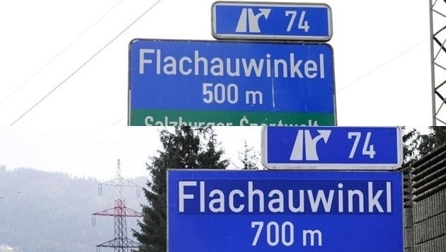 Oben das Schild auf der A10 nordwärts mit dem "e" zu viel, unten das richtige Schild südwärts (Bild: Roland Holitzky)