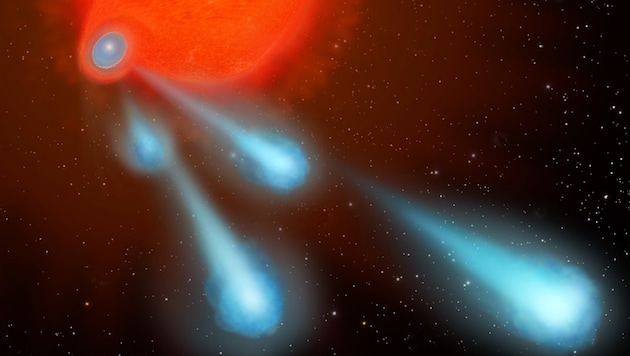Künstlerische Darstellung: V Hydrea und seine stellaren "Kanonenkugeln" (Bild: NASA, ESA und A. Feild (STScI))