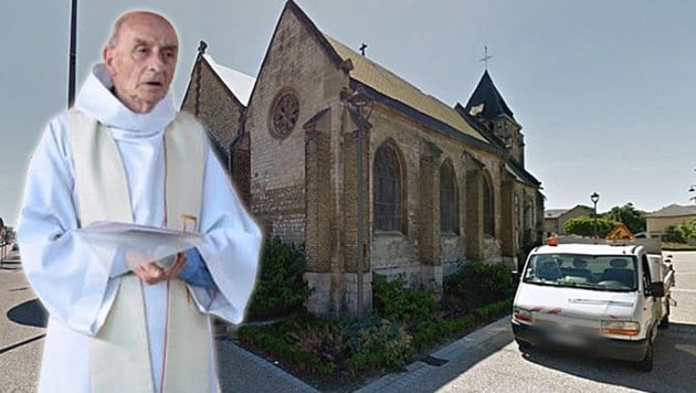Saint-Etienne-du-Rouvray: Beim Anschlag in der Kirche wurde dem Priester die Kehle durchgeschnitten. (Bild: twitter.com, maps.google.com)
