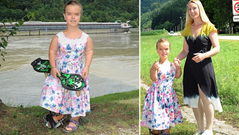 Nina mit Brigitte Quint (re.) bzw. mit Waveboard am Donau-Treppelweg (li.) (Bild: Franz Crepaz)