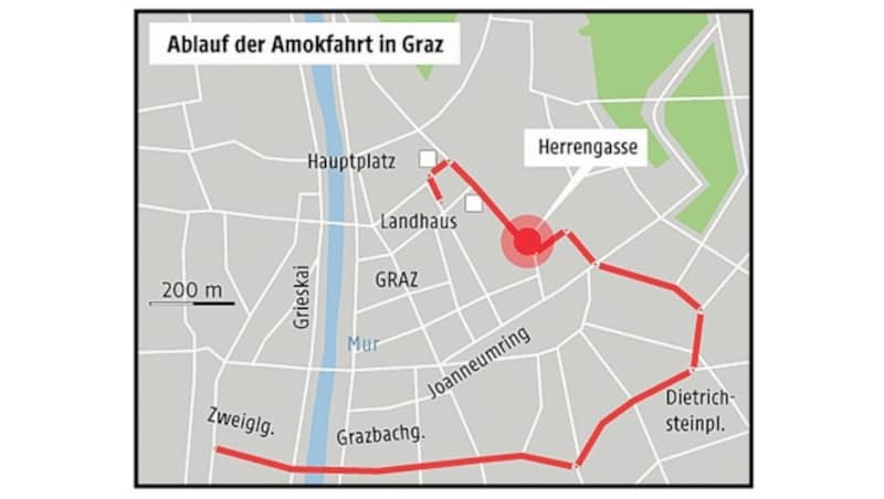 2,5 Kilometer: Etwas mehr als 6 Minuten dauerte die Amokfahrt, die Graz in Schockstarre versetzte. (Bild: Krone Grafik)