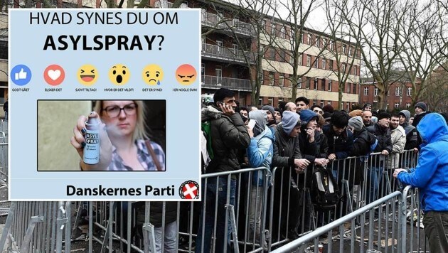 Die ausländerfeindliche Danskernes Parti wirbt mit einem Spray (kl. Bild) gegen Asylwerber. (Bild: APA/AFP/TOBIAS SCHWARZ, facebook.com/DanskernesParti)