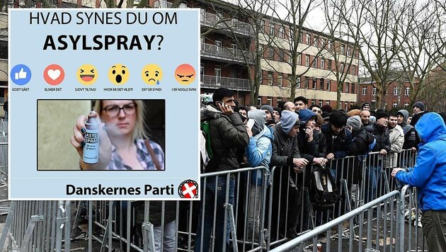 Die ausländerfeindliche Danskernes Parti wirbt mit einem Spray (kl. Bild) gegen Asylwerber. (Bild: APA/AFP/TOBIAS SCHWARZ, facebook.com/DanskernesParti)